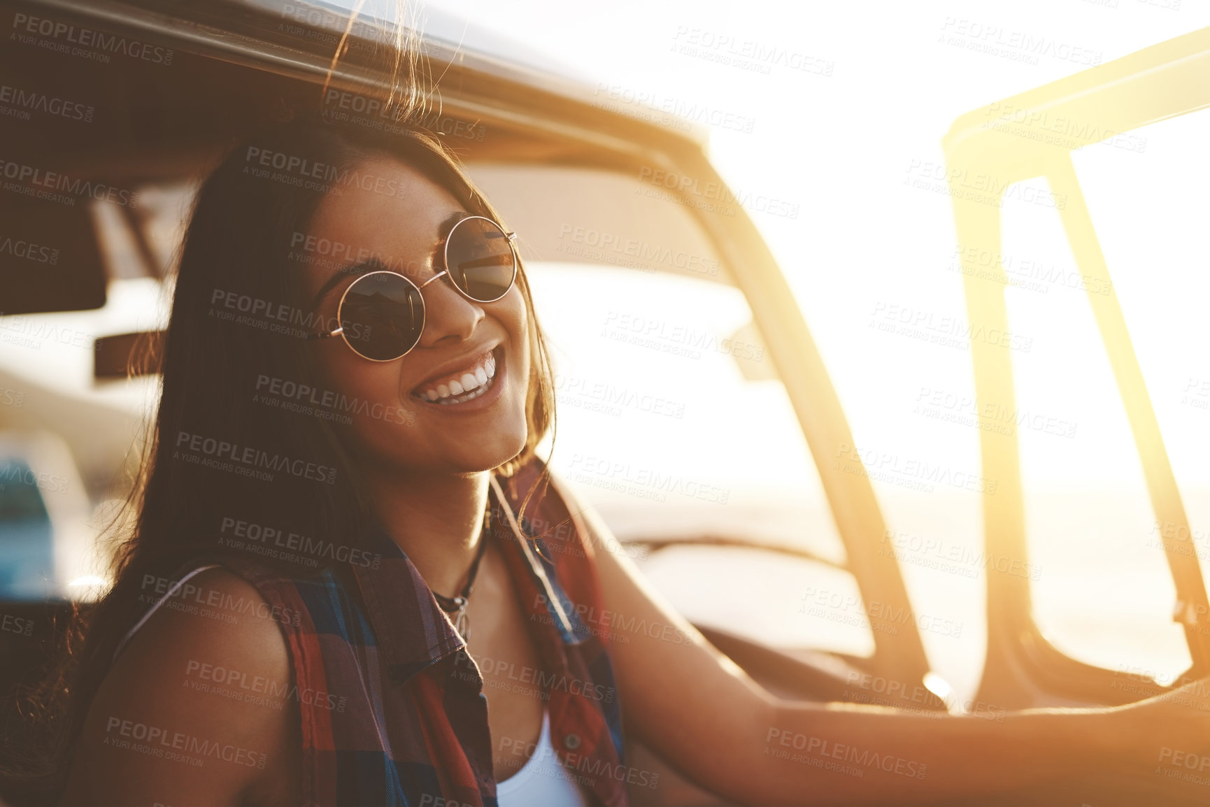 Buy stock photo Car, door and portrait of woman on road trip for outdoor summer adventure, sunset and travel. Happy, holiday and person with sunglasses by vehicle for vacation, sightseeing and tourism in Australia