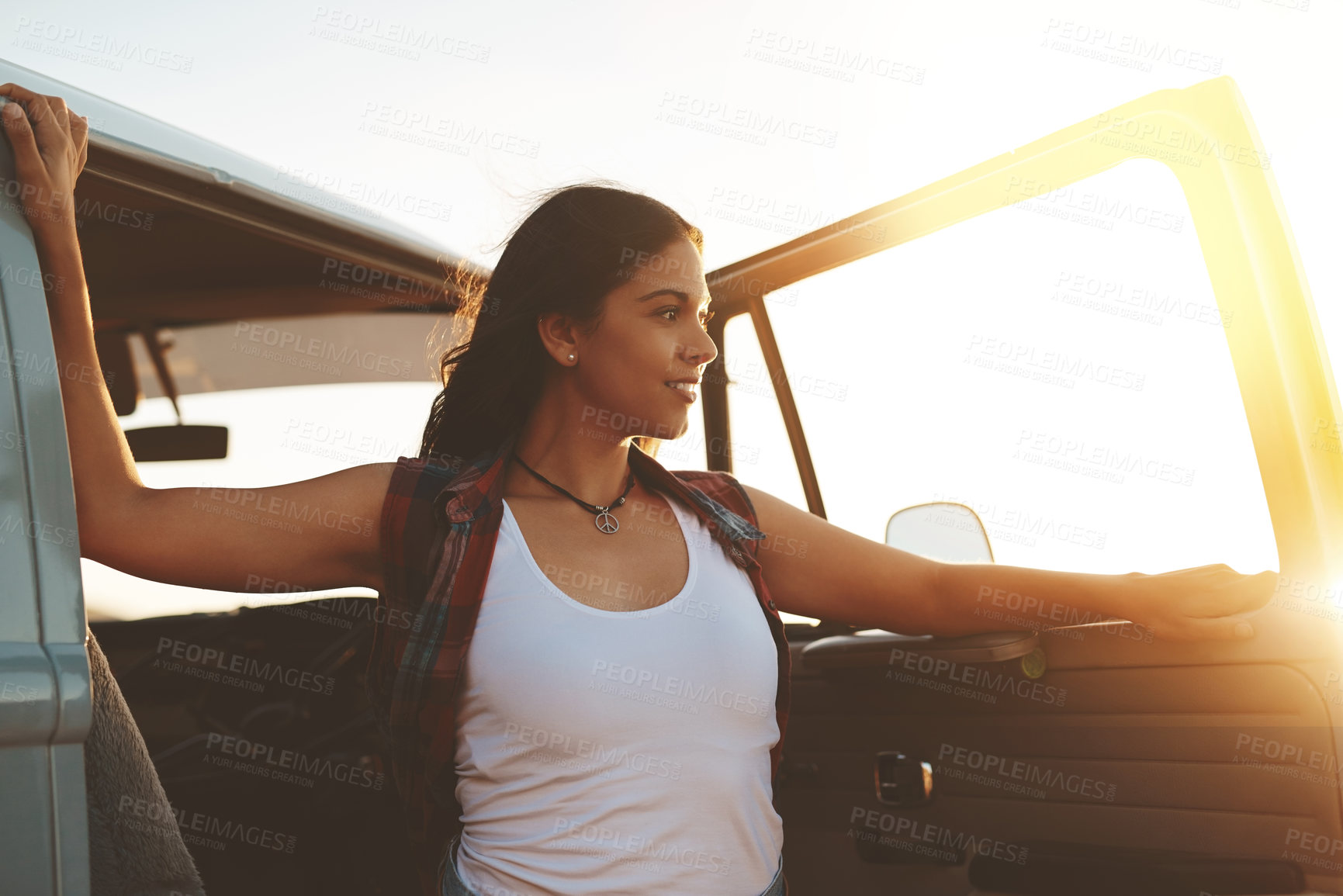 Buy stock photo Woman, happy and peace by car for road trip, sunset and adventure in summer with joy and flare. Female person, smile and van for travel, journey and bucket list outdoor with relax, calm and sunshine