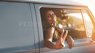 Buy stock photo Woman, happy and peace in van for road trip, sunset and adventure in summer with sign or flare. Female person, portrait and car for travel, dusk and journey outdoor with sunshine, freedom and drive