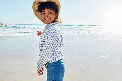 Buy stock photo Beach, summer and portrait of excited black woman with smile on holiday, vacation and weekend by ocean. Travelling lifestyle, nature and girl happy, relax and enjoying adventure, freedom and fun