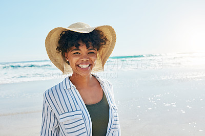 Buy stock photo Woman, face portrait and summer at the beach for a vacation, travel or holiday with a smile. African female person at sea with happiness, freedom and positive mindset to relax outdoor