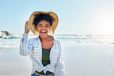 Buy stock photo Beach, summer and portrait of black woman with smile on holiday, vacation and weekend by ocean. Travelling lifestyle, nature and happy girl laugh, relaxing and enjoying adventure, freedom and fun