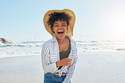 Buy stock photo Woman, laughing and portrait in summer at beach for a vacation, travel or holiday with a smile. Face of African female person at sea with happiness, freedom and funny mindset outdoor with a blue sky