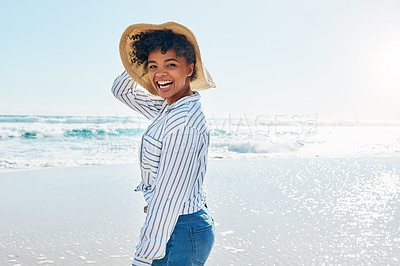 Buy stock photo Travel, summer and portrait of black woman at beach on holiday, vacation and weekend by ocean. Happy lifestyle, nature and excited girl laugh, relaxing and enjoying adventure, freedom and fun by sea