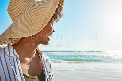 Buy stock photo Black woman, smile and beach on summer vacation, holiday or getaway relaxing and enjoying the warm sunny day. Happy female smiling in joy for freedom sunshine, water and travel in relax by the ocean