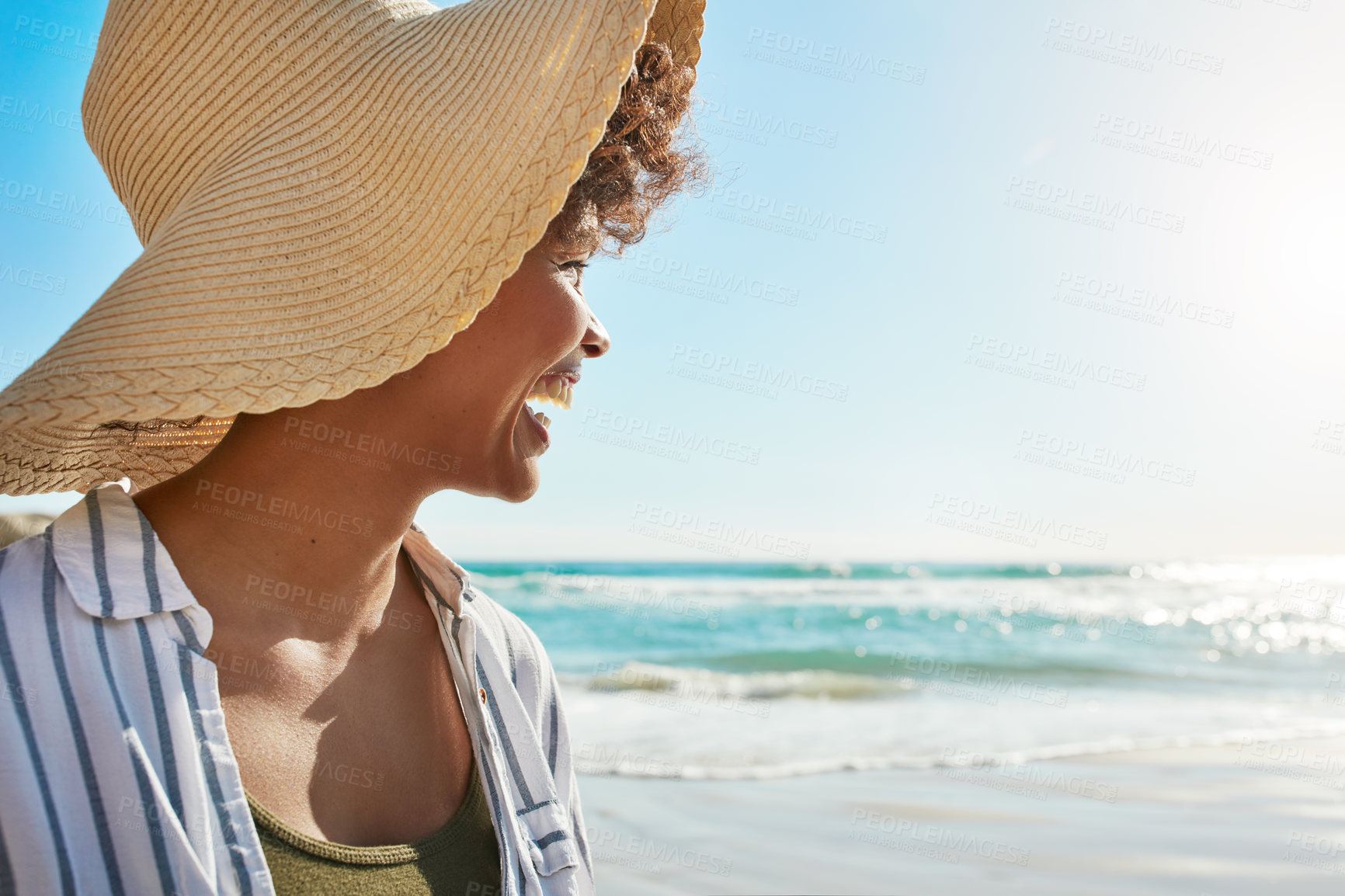 Buy stock photo Black woman, smile and beach on summer vacation, holiday or getaway relaxing and enjoying the warm sunny day. Happy female smiling in joy for freedom sunshine, water and travel in relax by the ocean