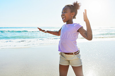 Buy stock photo Kids, beach and dance with a black girl having fun alone on the sand in summer by the sea or ocean. Nature, Children and blue sky with a female child dancing by the water while on holiday or vacation