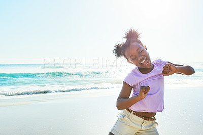 Buy stock photo Children, beach and dance with a black girl having fun alone on the sand in summer by the sea or ocean. Nature, kids and blue sky with a female child dancing by the water while on holiday or vacation