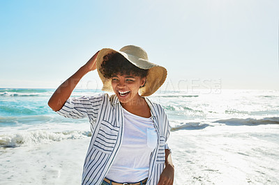 Buy stock photo Sunshine, black woman and beach for holiday, relax and fun on trip, travelling or carefree in summer. African American female, lady or seaside vacation, water and stress relief with freedom and ocean
