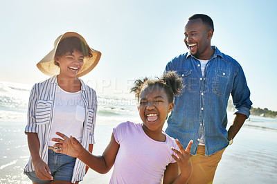 Buy stock photo Beach, parents and portrait of African girl on holiday with a peace sign, crazy and funny in Australia. Comic, goofy and happy black family walking by the ocean to relax, travel and smile on vacation