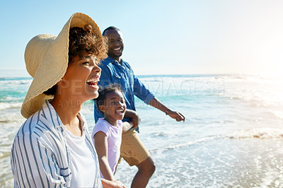 Buy stock photo Ocean, family and beach for walk, laugh and waves for relax on seaside holiday. Parents, child or summer for travel and vacation to Los Angeles, outdoor hands and love for mom or dad person together