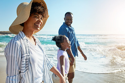 Buy stock photo Happy family, summer and beach walk by parents and child on vacation or holiday at the ocean or sea. Travel, mother and father with African daughter or kid holding hands together near water