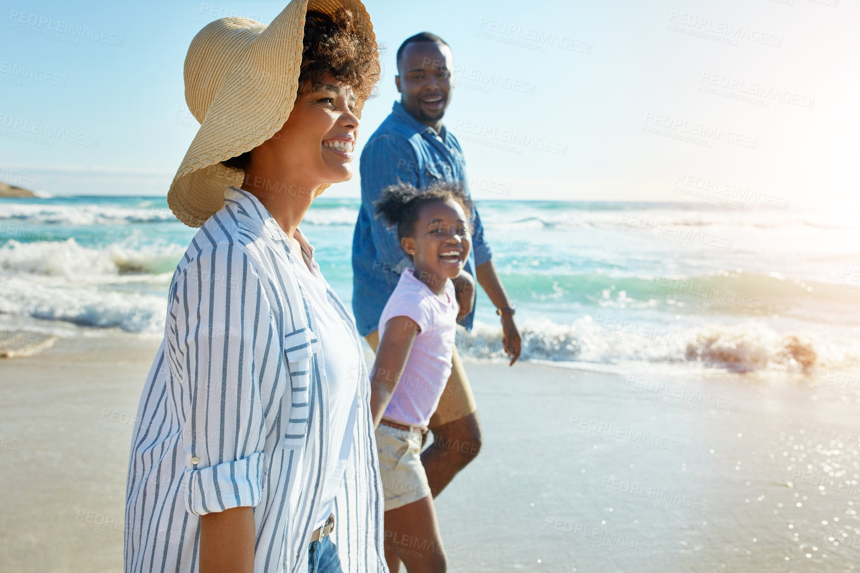 Buy stock photo Ocean, family and beach for walk, smile and waves for relax on seaside holiday. Parents, child or summer for travel and vacation to Los Angeles, holding hands and love for mom or dad person together