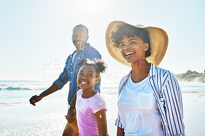 Buy stock photo Waves, family and beach for walk, smile or ocean for relax on seaside holiday. Parents, child or sunlight for travel and vacation to Los Angeles, holding hands and love for mom or dad person together