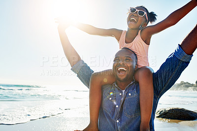 Buy stock photo Love, beach and girl on shoulder of father enjoy summer holiday, vacation and freedom on weekend. Black family, travel and happy dad and child smile on adventure for bonding, relax and fun by ocean