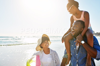 Buy stock photo Family, girl and parents piggyback on beach for holiday, vacation and travel with summer, trip and support. African child, dad and mom or excited people laughing, talking and bonding by ocean