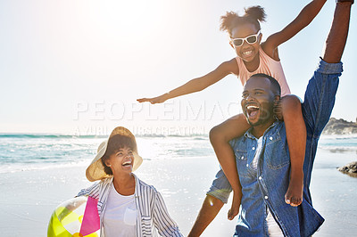Buy stock photo Family, beach and girl on shoulder of father enjoying holiday, vacation and freedom on weekend. Summer, travel and happy dad, mom and child smile on adventure for bonding, relaxing and fun by ocean