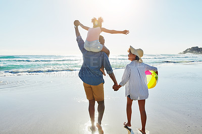 Buy stock photo Walking black family, beach and back of people holding hands, parents and child enjoy fun outdoor quality time together. Ocean sea water, freedom peace and youth kid, father and mother in Jamaica