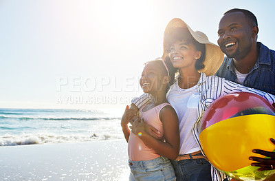 Buy stock photo Happy, black family and hug with daughter on beach for bonding, holiday or outdoor weekend. African mother, father and child with smile for summer day together or sunshine by ocean coast in nature