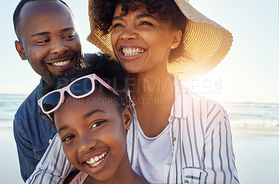 Buy stock photo Black family, happy and beach sunshine portrait together for travel holiday, summer vacation or bonding outdoor. Parents smile, child happiness and relax quality time on ocean sea water for adventure