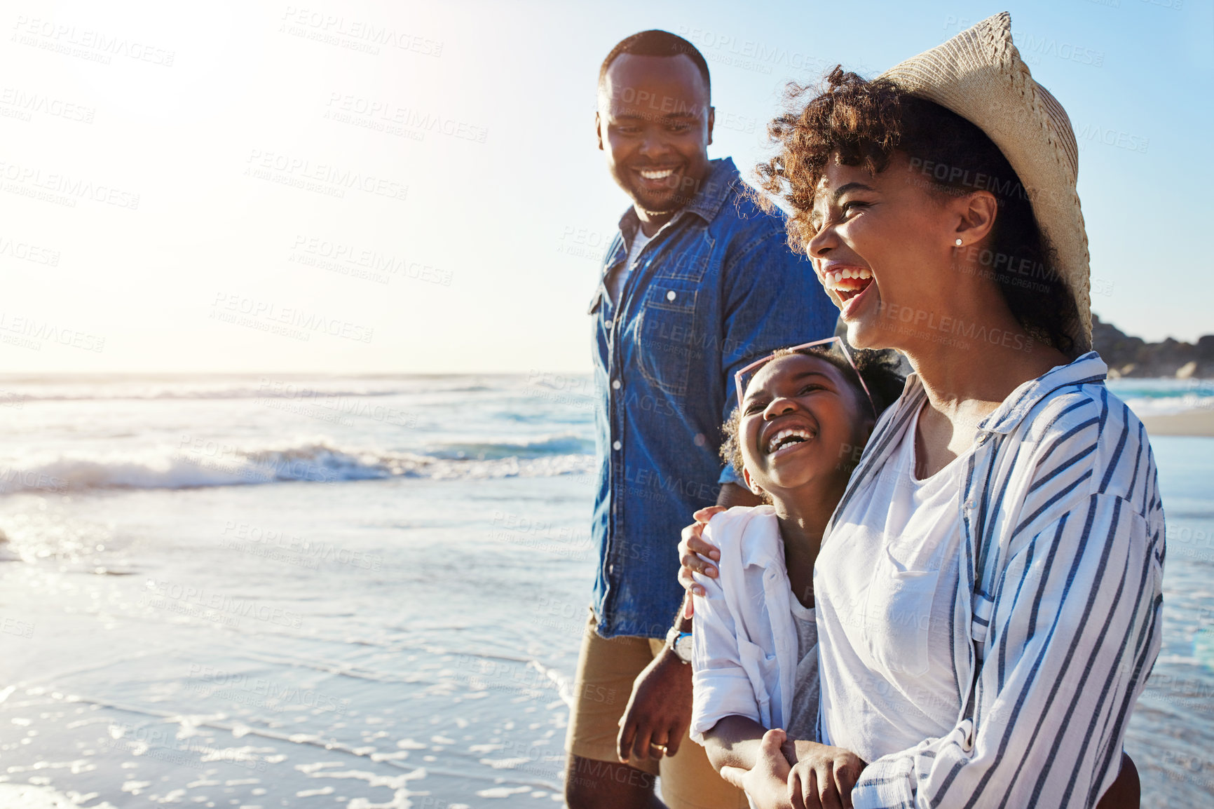 Buy stock photo Family, travel and walking on a beach with adorable child on vacation or holiday at the ocean or sea. Summer, mother and father with black kid or daughter holding hands together near water