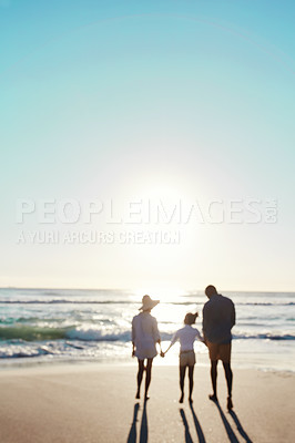 Buy stock photo Family, beach and sunset walk during summer on vacation or holiday relaxing at a peaceful scenery at the ocean. Mockup, blurred and parents with daughter, child or kid with childhood freedom at sea