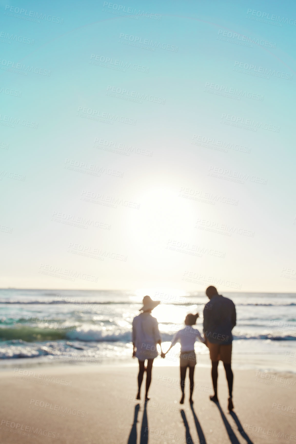 Buy stock photo Family, beach and sunset walk during summer on vacation or holiday relaxing at a peaceful scenery at the ocean. Mockup, blurred and parents with daughter, child or kid with childhood freedom at sea