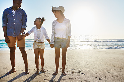 Buy stock photo Black family, mother and father with girl, beach and vacation for summer, weekend break and bonding. Love, parents and daughter on seaside holiday, sand and happiness for traveling and holding hands