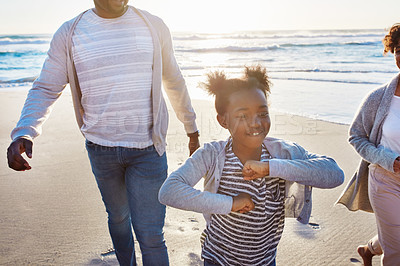 Buy stock photo Black family, beach and father walking, kids playing and enjoy fun outdoor quality time together on Jamaica vacation. Ocean sea water, freedom peace and young youth children running on nature sand