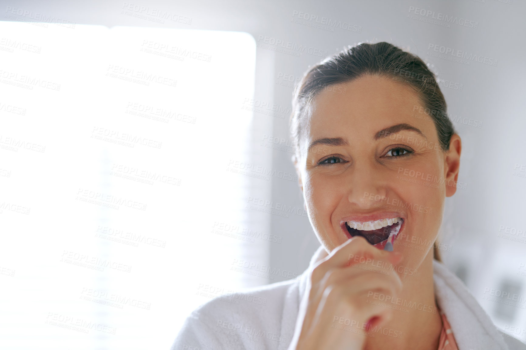 Buy stock photo Brushing teeth, morning and portrait with woman in bathroom for oral hygiene, cleaning or breath. Self care, wellness and toothbrush with person at home for gum treatment, toothpaste or health mockup