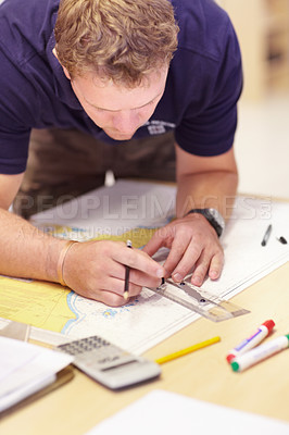 Buy stock photo Map, man working and sea marine investigation with a drawing and ruler on a table. Sailing strategy, rescue and boat worker with navigation paperwork with lifeguard planning and distance calculation