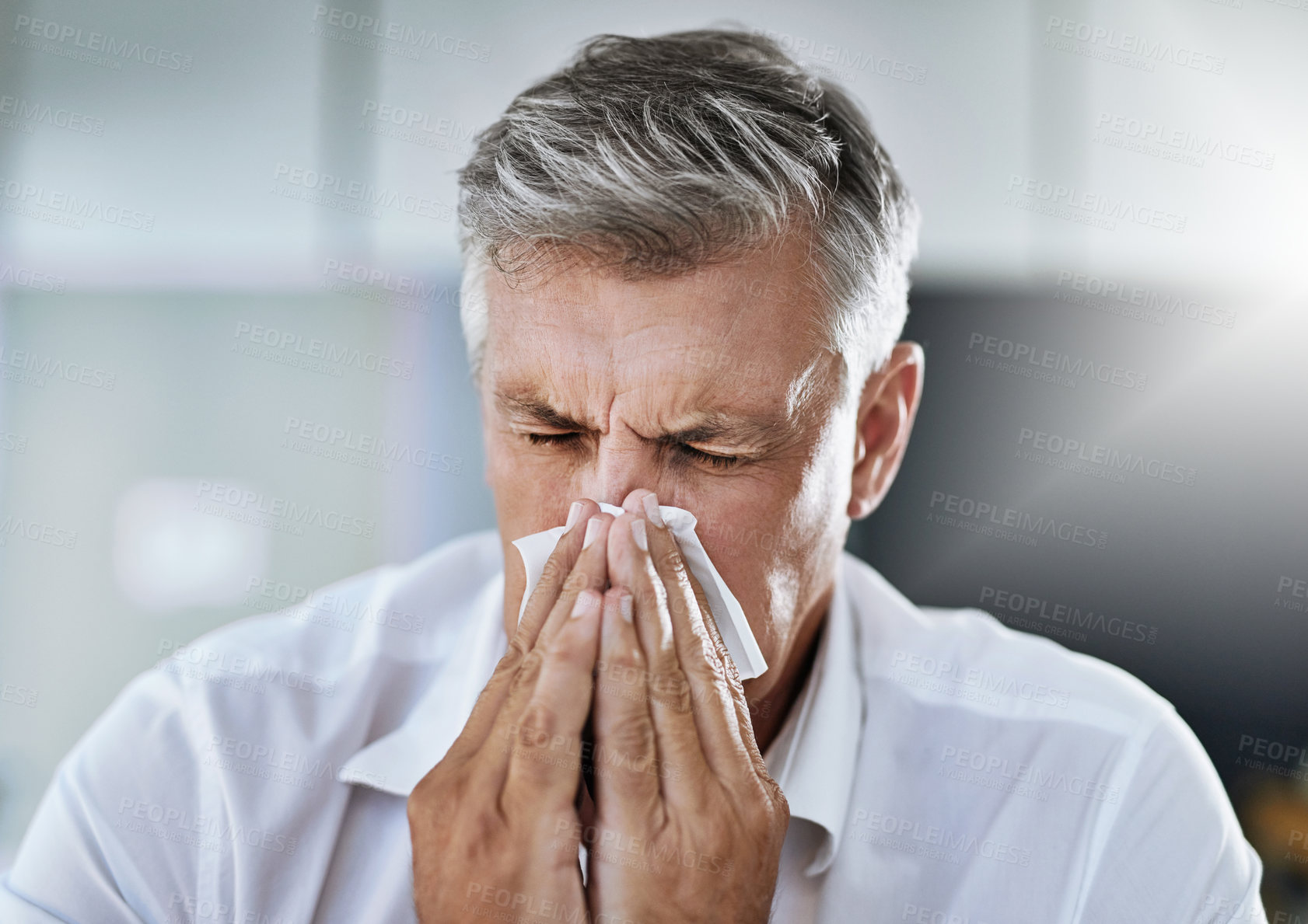 Buy stock photo Businessman, sneeze by nose and sick with allergy, covid or virus in company office. Mature employee, tissue paper and manager for sinusitis for health problem, cold fever and bacteria in winter