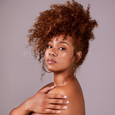 Buy stock photo Beauty, natural and portrait of woman in studio for hair style, cosmetics or makeup. Facial, spa and glow with female model isolated on background for dermatology, self care or skincare mockup