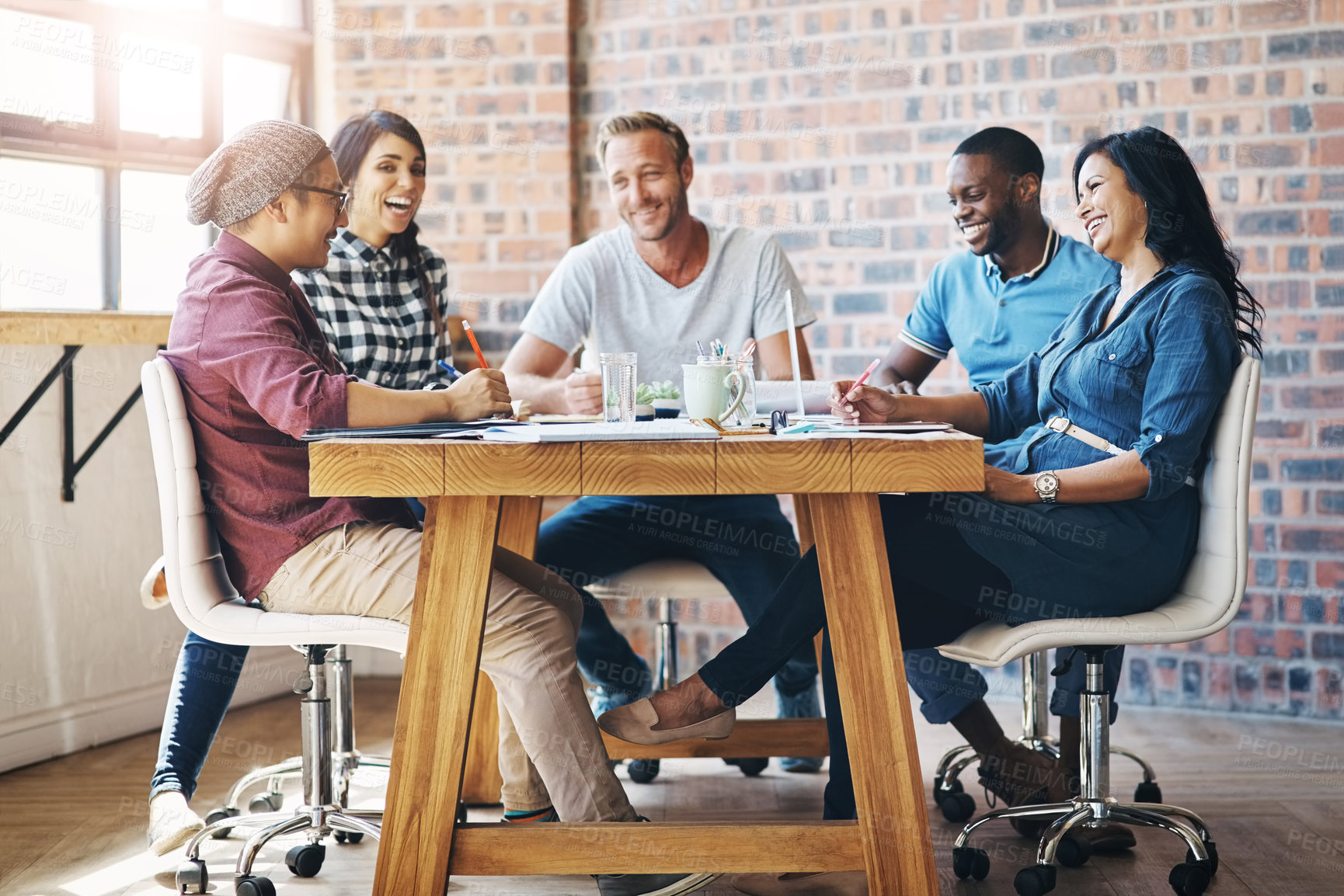 Buy stock photo Business people, discussion and meeting with team for brainstorming, collaboration or planning at office. Group of creative employees discussing project, ideas or strategy for startup at workplace