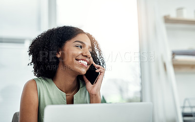 Buy stock photo Smile, phone call and woman with mobile, office and communication for conversation. Technology, smartphone and professional brand manager, workplace and talking on cellphone for client discussion 