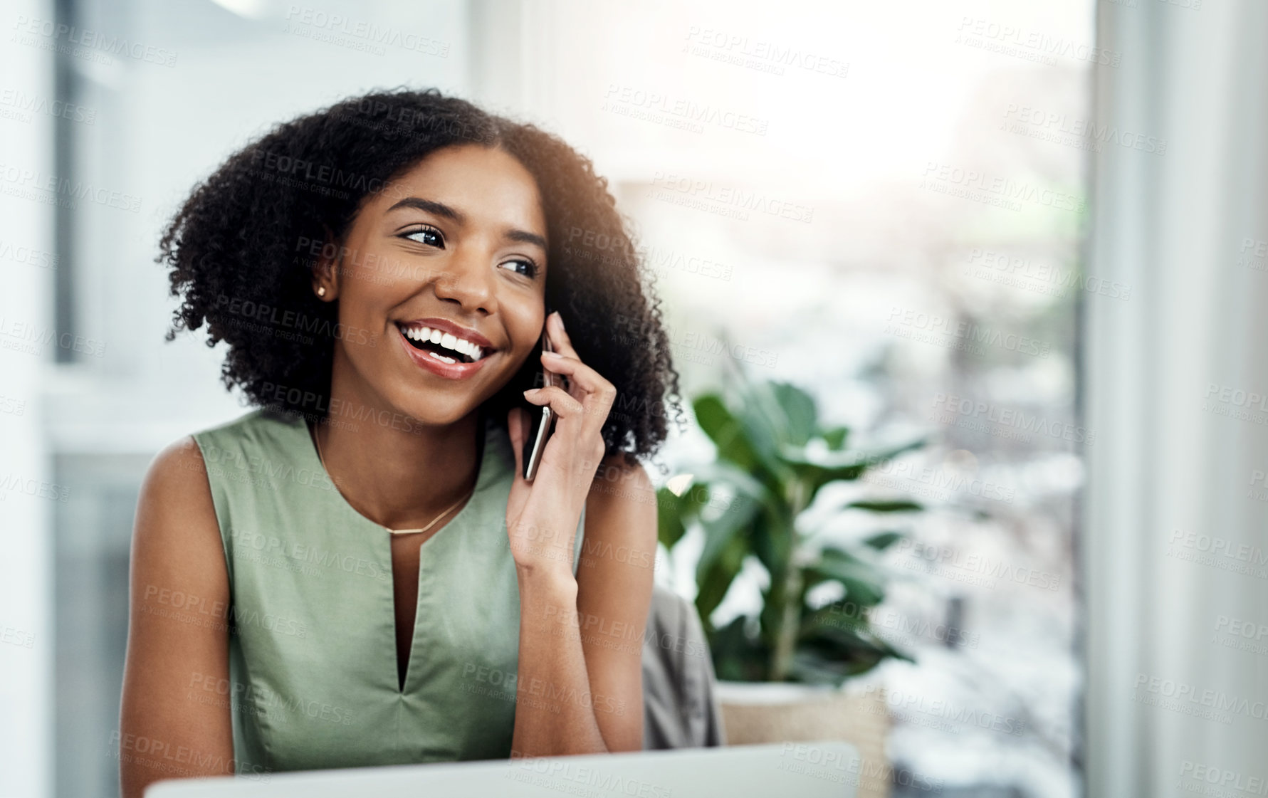 Buy stock photo Smile, phone call and woman with mobile, office and communication for conversation. Technology, smartphone and professional brand manager, workplace and talking on cellphone for client discussion 