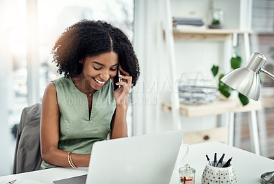 Buy stock photo Phone call, laptop and businesswoman in office, mobile and virtual conversation in workplace. Computer, smile and communication for planning, corporate manager and social chat with clients online