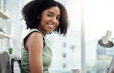 Buy stock photo Happy, portrait and black woman in office as financial advisor for planning and asset management. Corporate, finance and worker in USA with smile in workplace for admin and professional consultation