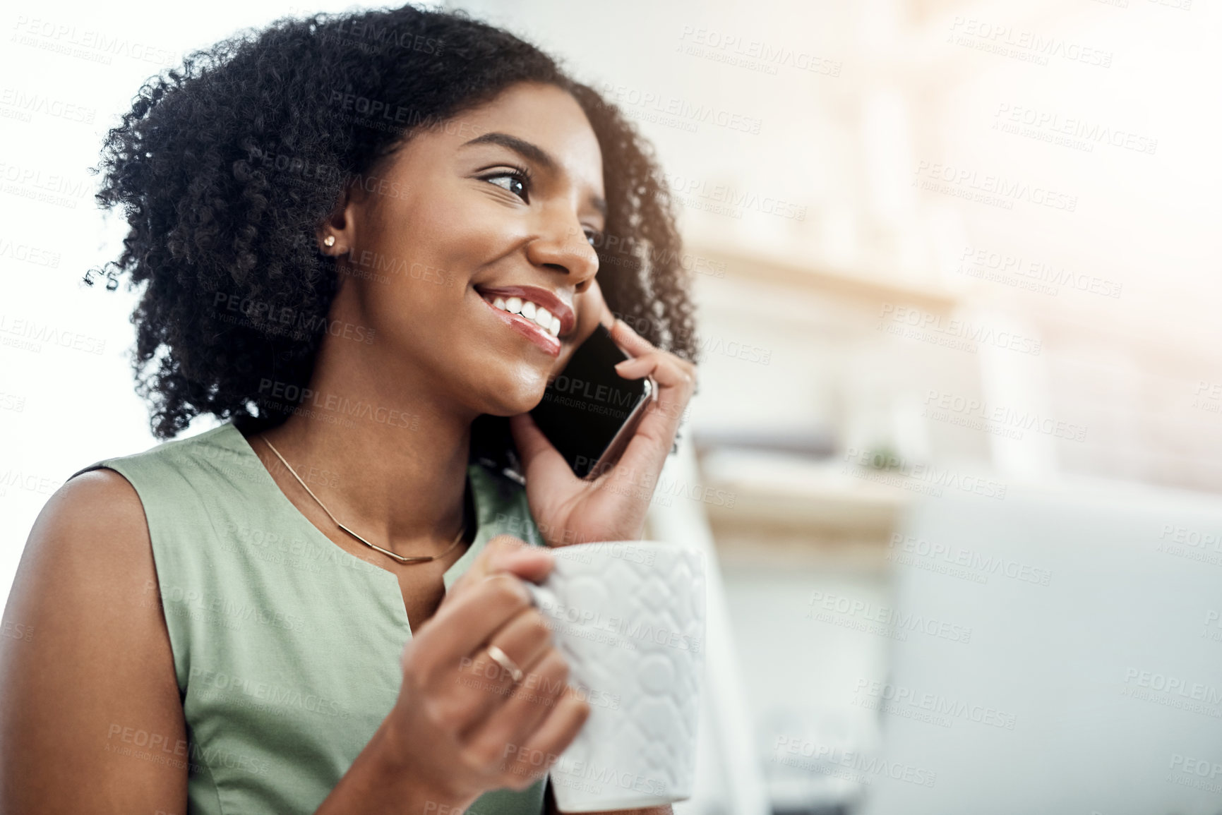 Buy stock photo Smile, phone call and woman with mobile, coffee and communication for conversation. Technology, smartphone and cup for brand manager, workplace and talking on cellphone for client discussion 