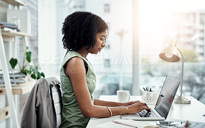 Buy stock photo Corporate, entrepreneur and black woman with a laptop, typing and connection for website launch. Female professional, consultant and employee with a pc, technology and search internet for information