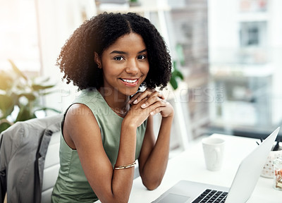 Buy stock photo Portrait, laptop and smile for businesswoman in office, desk and happy in workplace. Technology, computer and corporate employee for software developer, professional and internet for online work