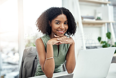 Buy stock photo Black woman, portrait and laptop at desk or research for blog project or writer, article or creative. Female person, face and journalist for report review or press headline at news, agency or online