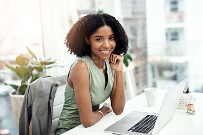 Buy stock photo Office, portrait and black woman as happy financial advisor planning and asset management. Corporate, finance and worker in USA with smile in workplace for advice and professional consultation