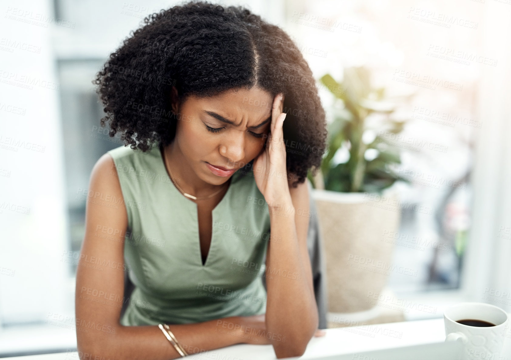 Buy stock photo Stress, depressed or black woman in office with headache pain from job pressure or burnout fatigue in company. Bad migraine problem, business or tired girl employee frustrated by deadline anxiety