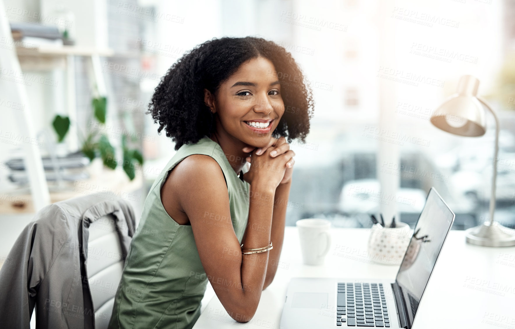 Buy stock photo Happy, portrait and black woman in office as financial advisor for planning and asset management. Corporate, finance and worker in USA on laptop in workplace with budget and professional consultation