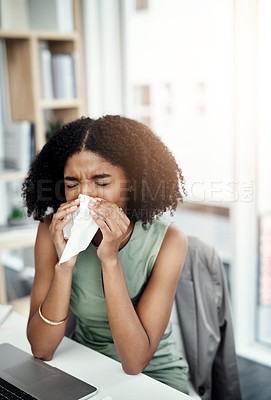 Buy stock photo Allergies, blowing nose or sick woman in office or worker with hay fever sneezing or illness in workplace. Female sneeze or business person with toilet paper tissue, allergy virus or disease at desk