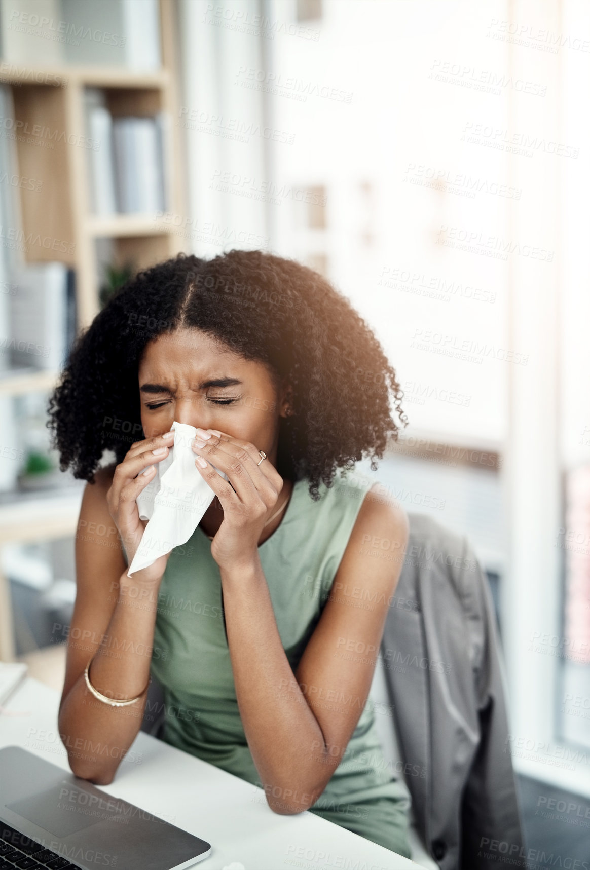 Buy stock photo Allergies, blowing nose or sick woman in office or worker with hay fever sneezing or illness in workplace. Female sneeze or business person with toilet paper tissue, allergy virus or disease at desk