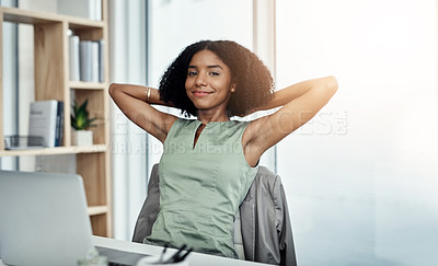 Buy stock photo Office, portrait and black woman relax at desk and pride for progress and productivity in tasks at startup. Done, complete and worker finished with deadline and stretching in chair with smile