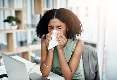 Buy stock photo Blowing nose, tissue or sick black woman in office with virus or worker with allergies, problems or illness. Person sneezing or African girl employee with toilet paper, allergy flu or fever disease