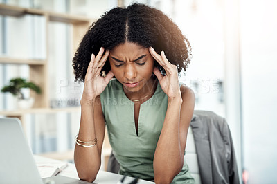 Buy stock photo Stress, anxiety or black woman in office with headache pain from job pressure or burnout fatigue in company. Bad migraine problem, business or tired girl employee depressed or frustrated by deadline 